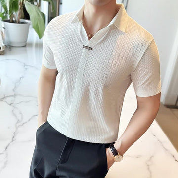 Men's Polo Shirt - Slim Fit Textured with V-Neck Placket - Point Collar and Metal Badge