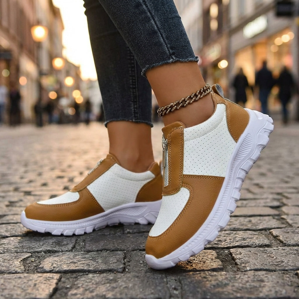 Women's Zip-Up Casual Sneakers - Colour Block Perforated Upper with Chunky Platform Sole