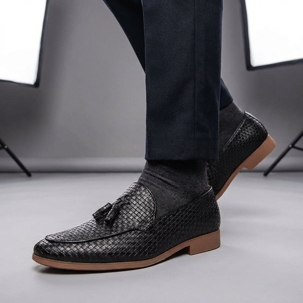 Men's Tassel Loafers - Slip-On Woven Embossed Upper with Pointed Toe and Low Heel