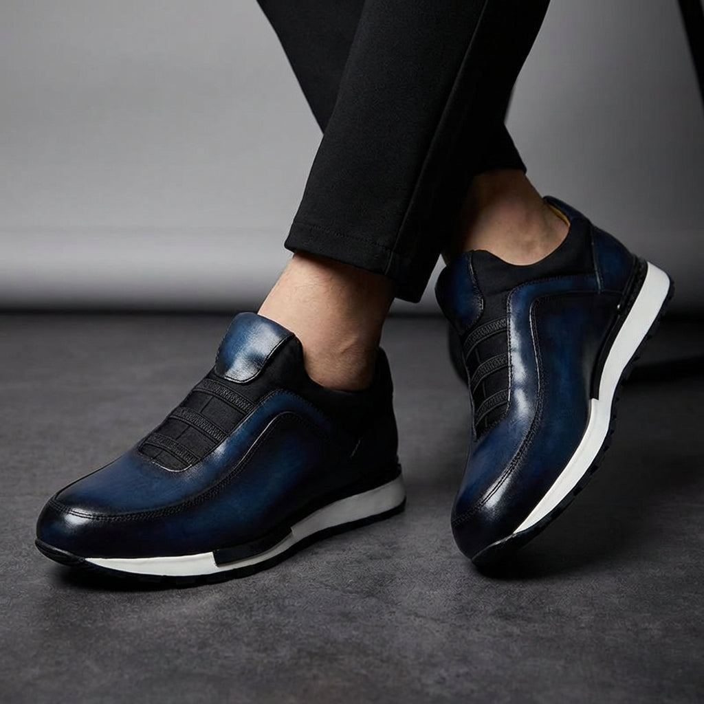 Men's Leather Sneakers - Slip On Casual Shoes with Elastic Panel and Contrast Sole