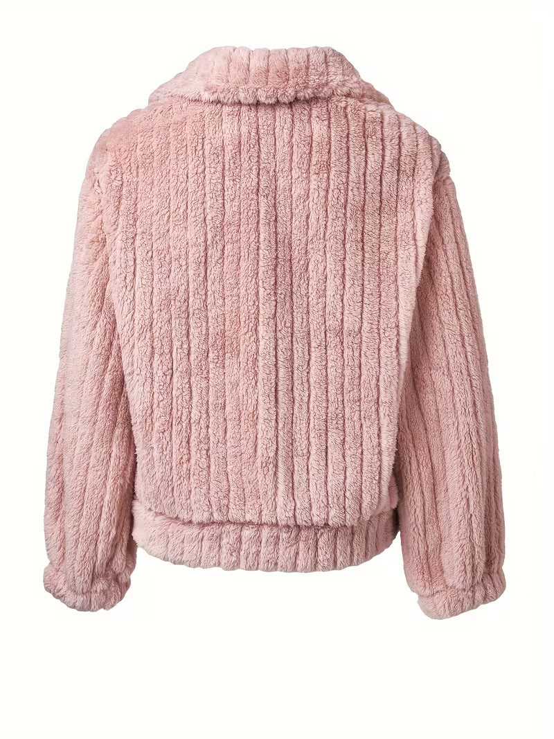 Women's Faux Fur Coat - Cropped Open Front Teddy Fleece with Chest Pockets