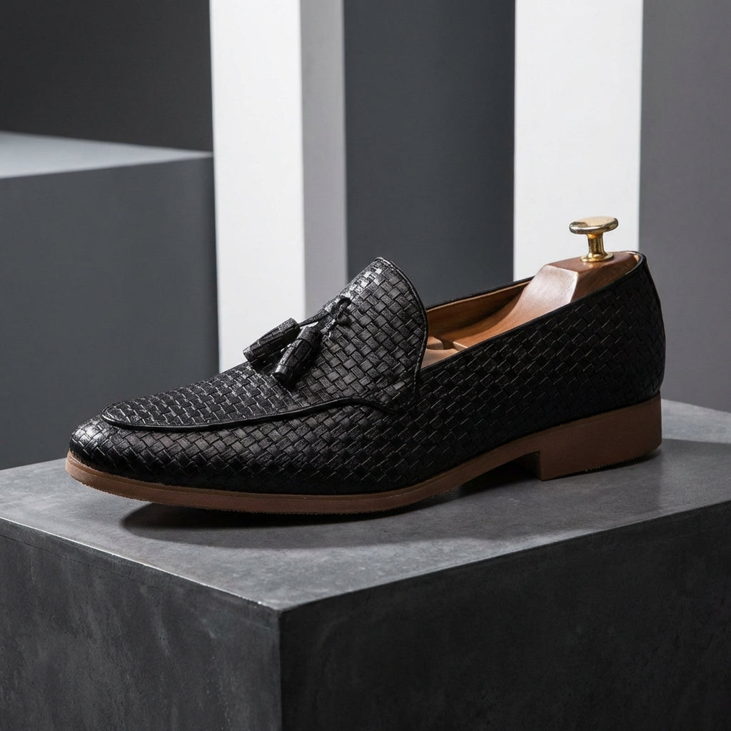 Men's Tassel Loafers - Slip-On Woven Embossed Upper with Pointed Toe and Low Heel