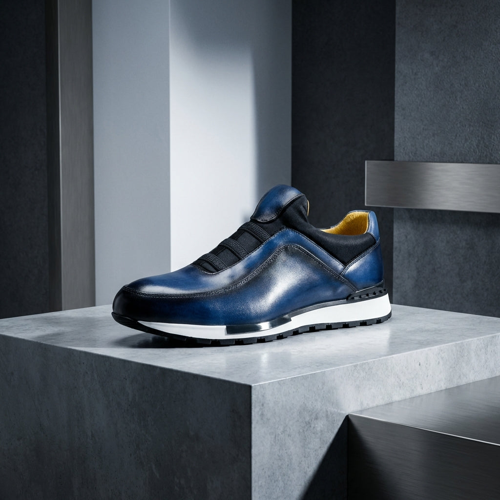 Men's Leather Sneakers - Slip On Casual Shoes with Elastic Panel and Contrast Sole