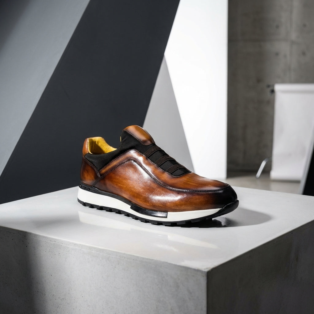 Men's Leather Sneakers - Slip On Casual Shoes with Elastic Panel and Contrast Sole