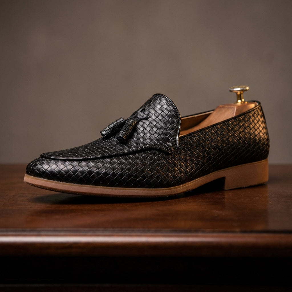 Men's Tassel Loafers - Slip-On Woven Embossed Upper with Pointed Toe and Low Heel