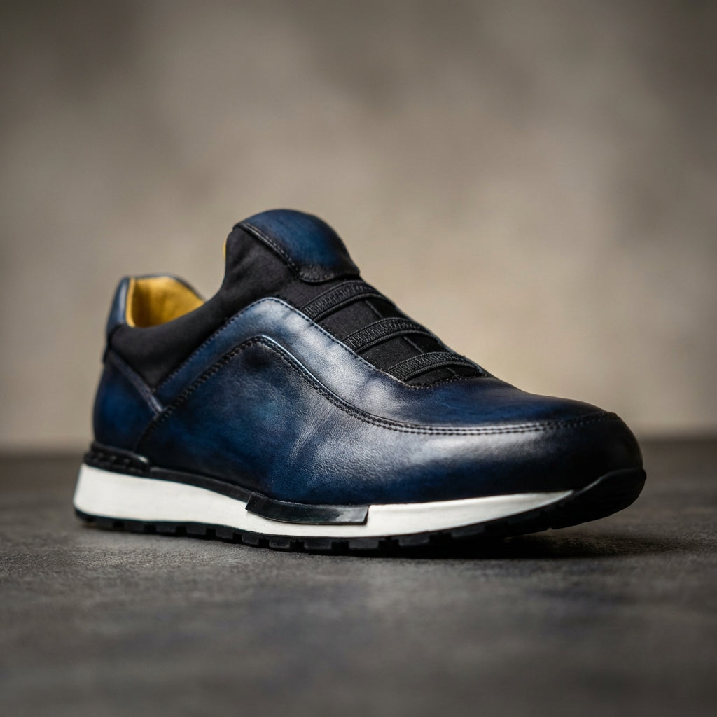 Men's Leather Sneakers - Slip On Casual Shoes with Elastic Panel and Contrast Sole