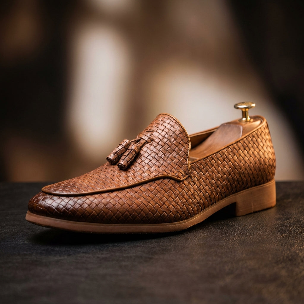Men's Tassel Loafers - Slip-On Woven Embossed Upper with Pointed Toe and Low Heel