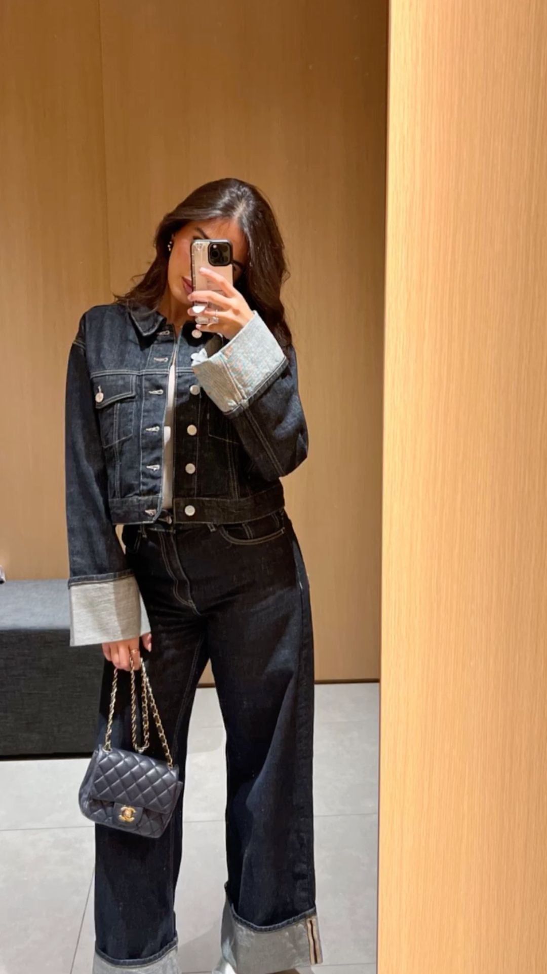 Women's Denim Two Piece Set - Cropped Jacket and Wide Leg Pants with Cuff Detail