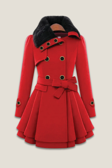 Women’s Double-Breasted Mid-Length Coat – Belted Flared Hem with Faux Fur Collar