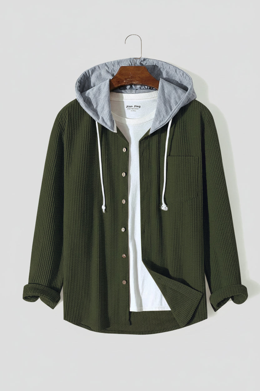 Men's Corduroy Hooded Overshirt - Button Front - Chest Pocket