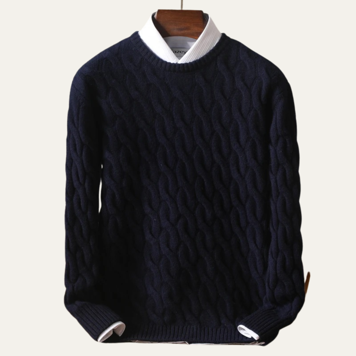 Men's Merino Wool Jumper - Cable Knit Crew Neck Pullover with Ribbed Cuffs and Hem