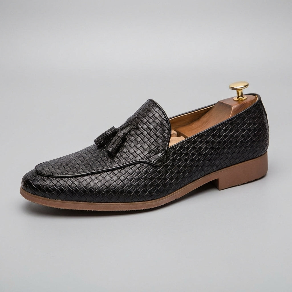 Men's Tassel Loafers - Slip-On Woven Embossed Upper with Pointed Toe and Low Heel