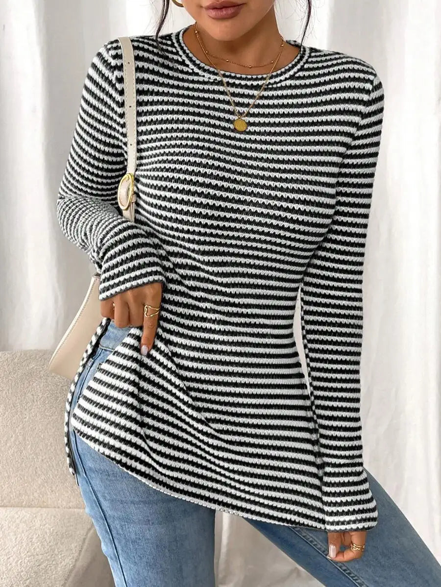 Women's Knit Top - Crew Neck Long Sleeve Stripe with Peplum Hem and Side Splits