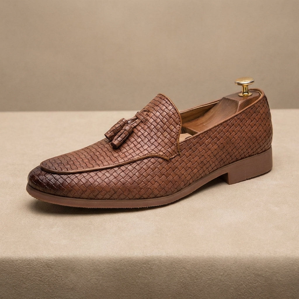 Men's Tassel Loafers - Slip-On Woven Embossed Upper with Pointed Toe and Low Heel