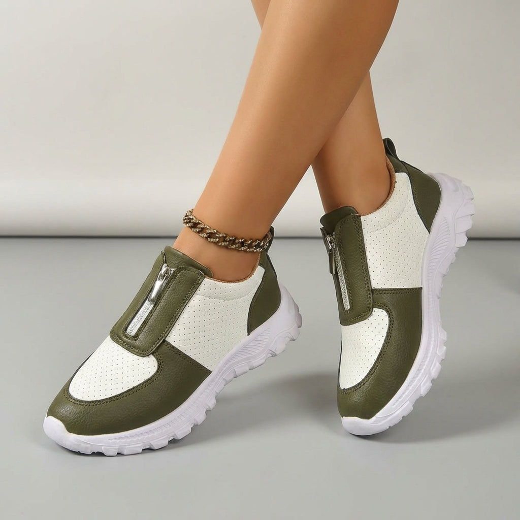 Women's Zip-Up Casual Sneakers - Colour Block Perforated Upper with Chunky Platform Sole
