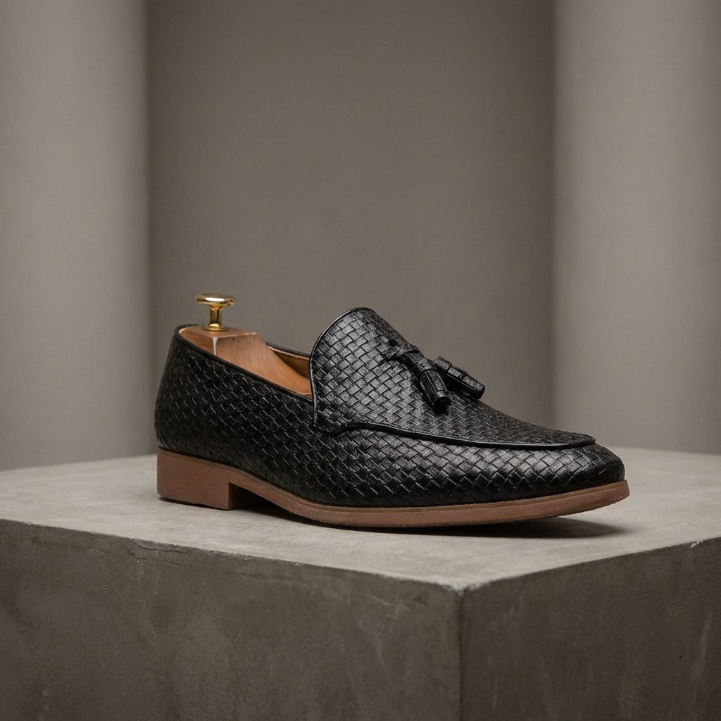 Men's Tassel Loafers - Slip-On Woven Embossed Upper with Pointed Toe and Low Heel