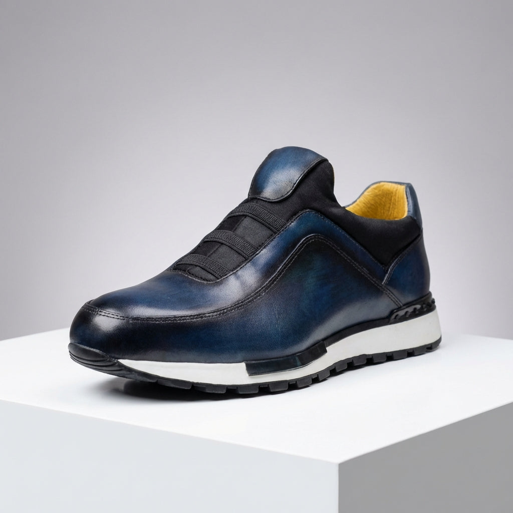 Men's Leather Sneakers - Slip On Casual Shoes with Elastic Panel and Contrast Sole