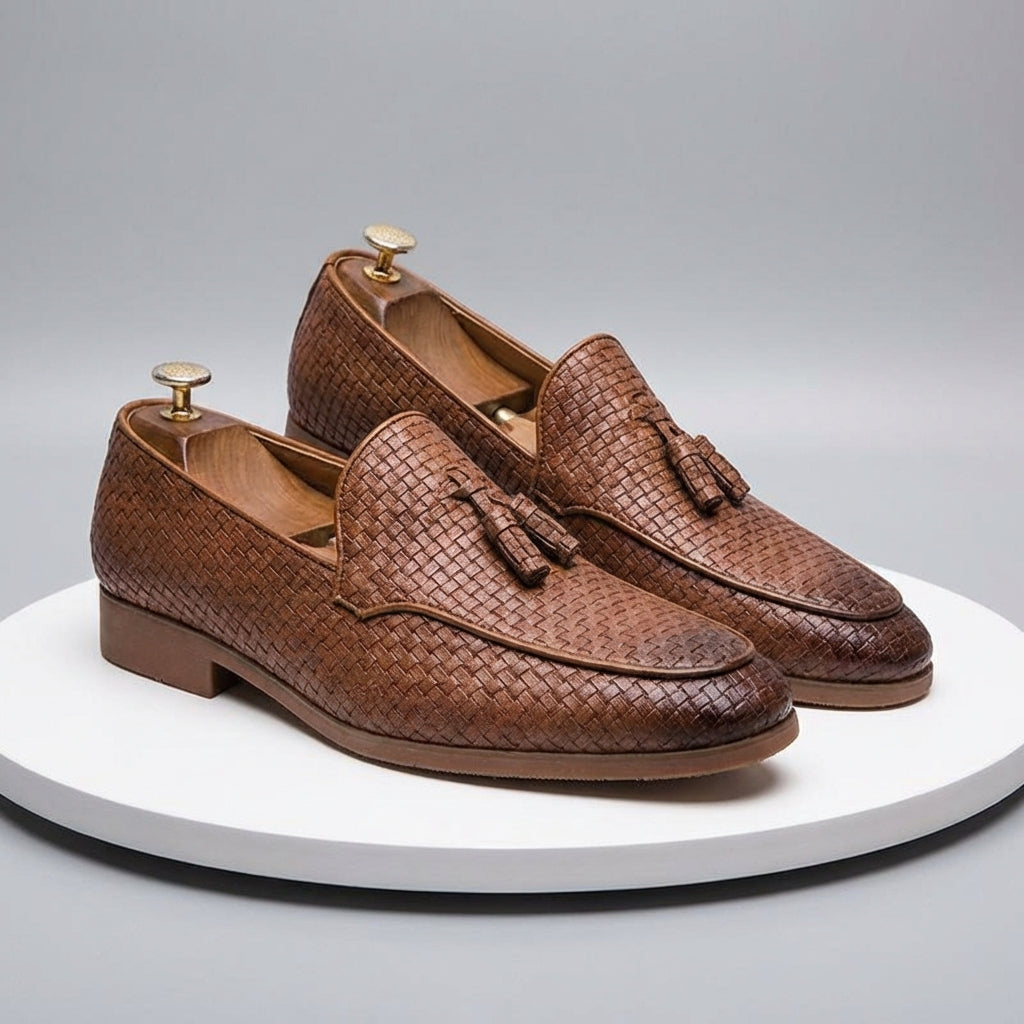 Men's Tassel Loafers - Slip-On Woven Embossed Upper with Pointed Toe and Low Heel
