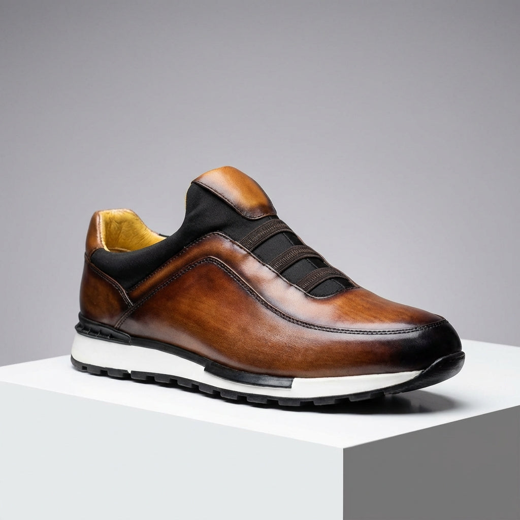 Men's Leather Sneakers - Slip On Casual Shoes with Elastic Panel and Contrast Sole