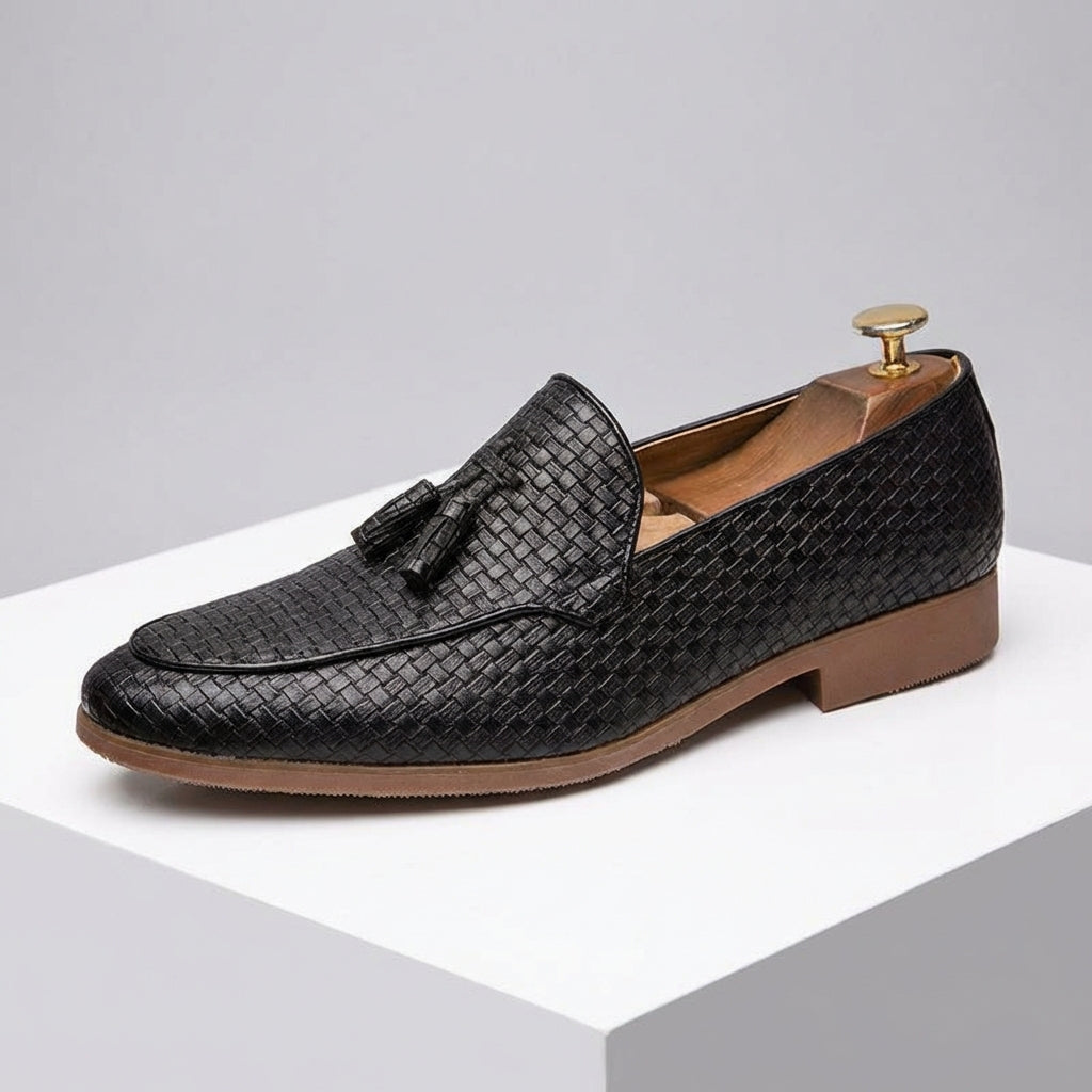Men's Tassel Loafers - Slip-On Woven Embossed Upper with Pointed Toe and Low Heel
