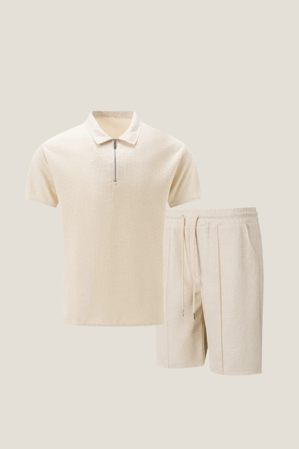 Men’s Short Sleeve Polo Shirt and Shorts Set with Zip Neck and Drawstring Waist