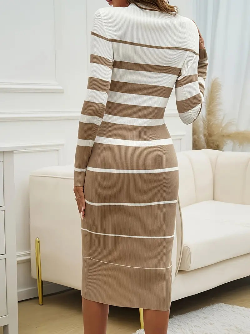 Women's Long Sleeve Midi Dress - Striped Bodycon Crew Neck