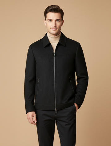 Men’s Pure Wool Tailored Zip-Front Jacket with Structured Collar