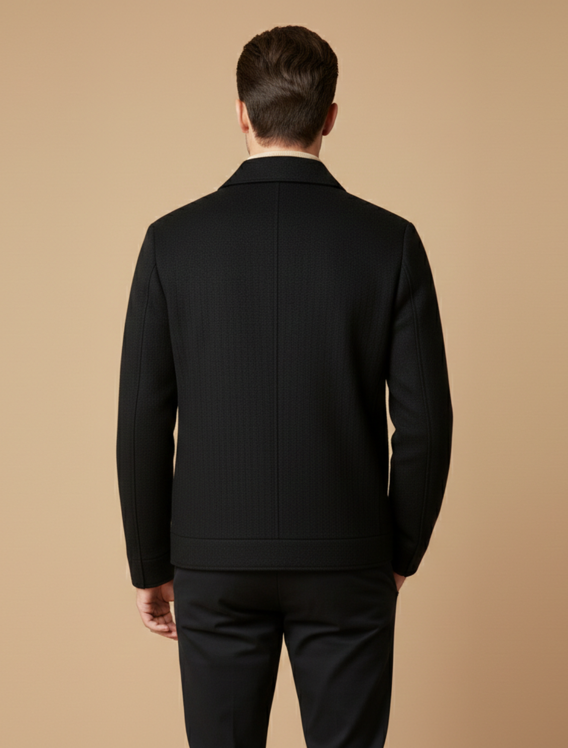 Men’s Pure Wool Tailored Zip-Front Jacket with Structured Collar