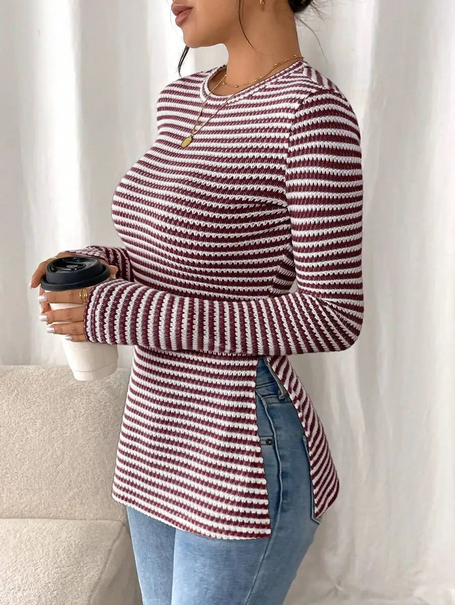 Women's Knit Top - Crew Neck Long Sleeve Stripe with Peplum Hem and Side Splits