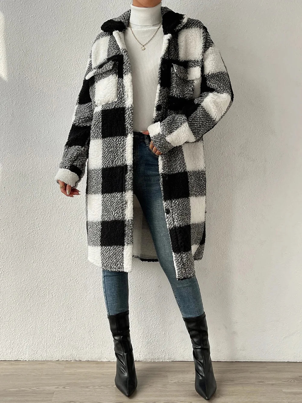Women's Plaid Longline Coat - Button Up Check Oversized Jacket