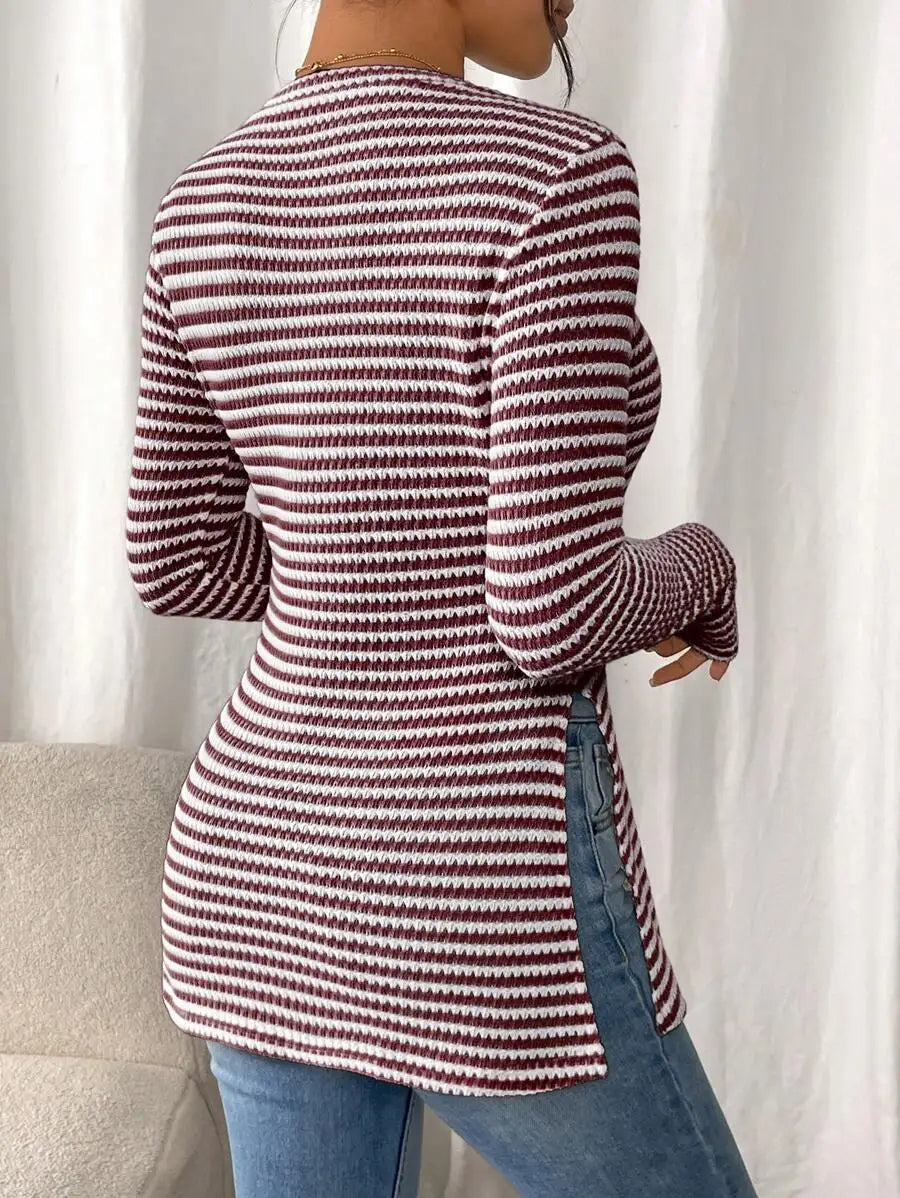 Women's Knit Top - Crew Neck Long Sleeve Stripe with Peplum Hem and Side Splits