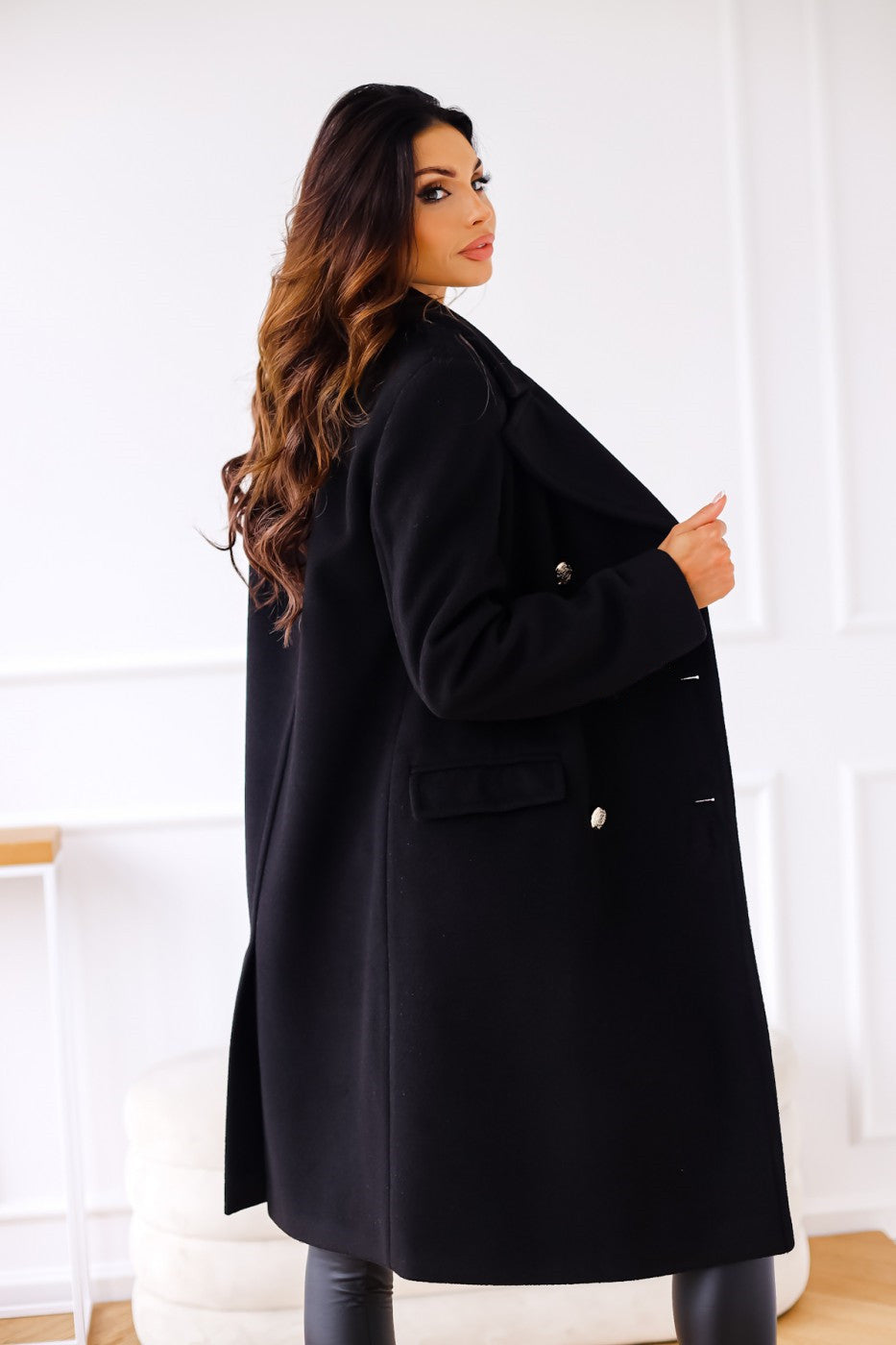 Women's Longline Double Breasted Coat - Notched Lapel - Gold Button - Side Slit