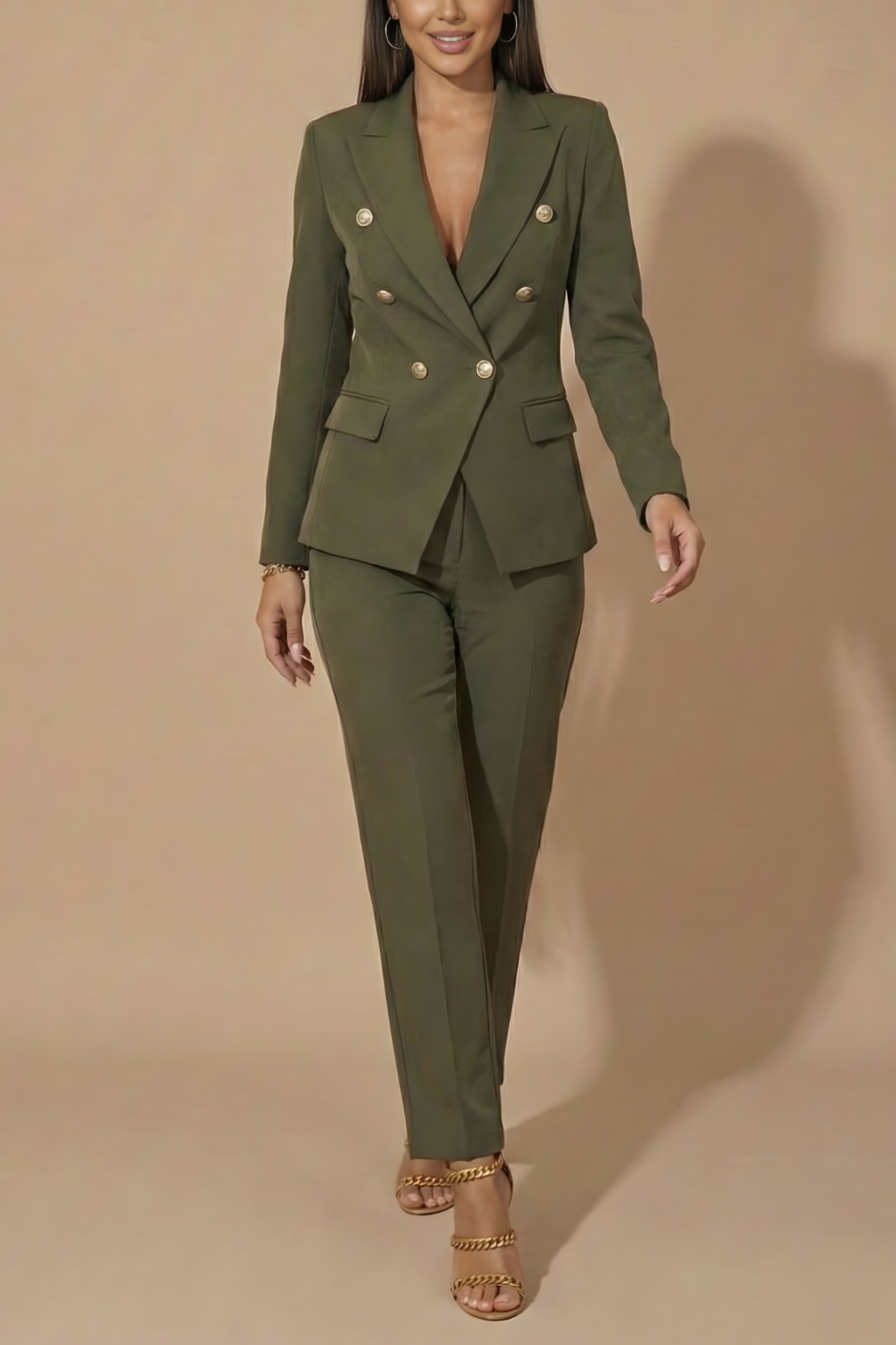 Women's Pant Suit Set - Double Breasted Blazer and Wide-Leg Pants