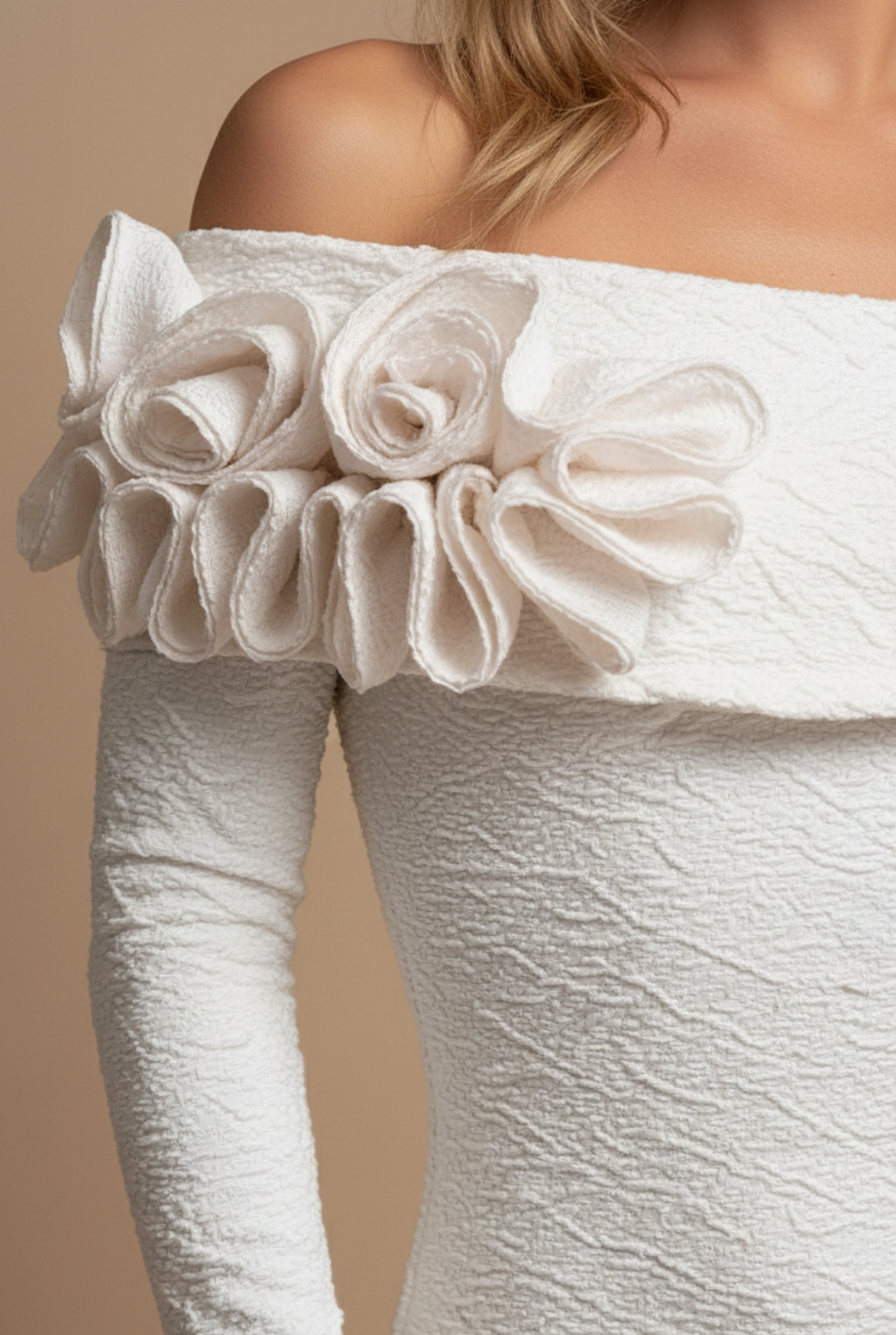 Women’s White Maxi Dress – Off Shoulder Long Sleeve Bodycon Dress with Floral Appliqué