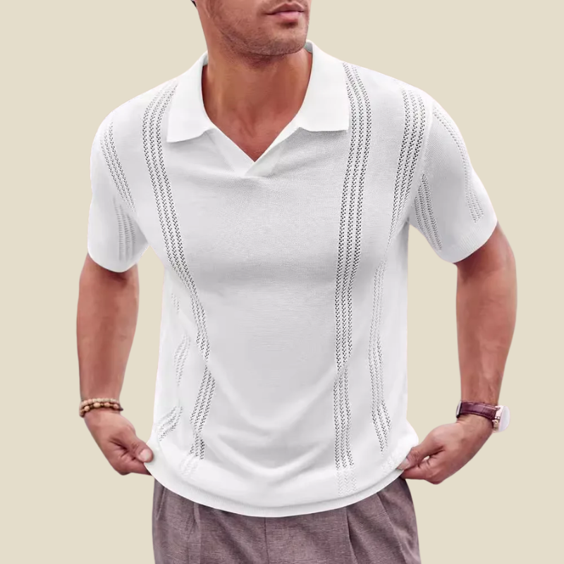 Men's Knit Polo Shirt - V-Neck Short Sleeve Stripe Texture