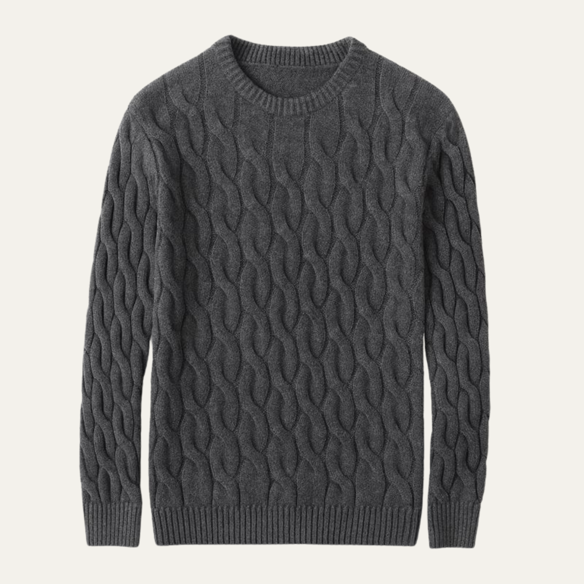 Men's Merino Wool Jumper - Cable Knit Crew Neck Pullover with Ribbed Cuffs and Hem