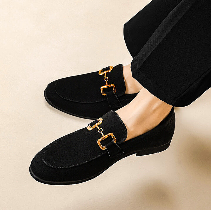 Men's Penny Loafers - Suede Slip On Shoe with Gold Horsebit Chain Detail