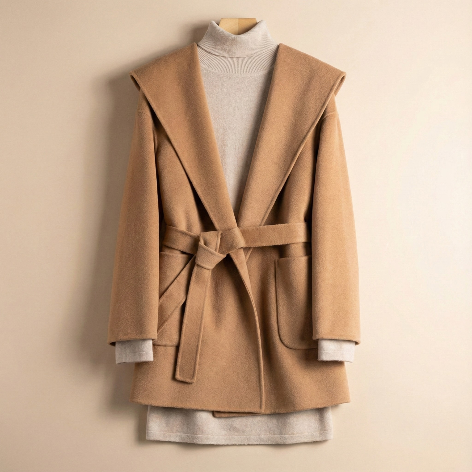 Women’s Belted Wrap Wool Coat with Notched Lapel Collar and Patch Pockets