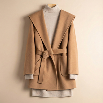 Women’s Belted Wrap Wool Coat with Notched Lapel Collar and Patch Pockets
