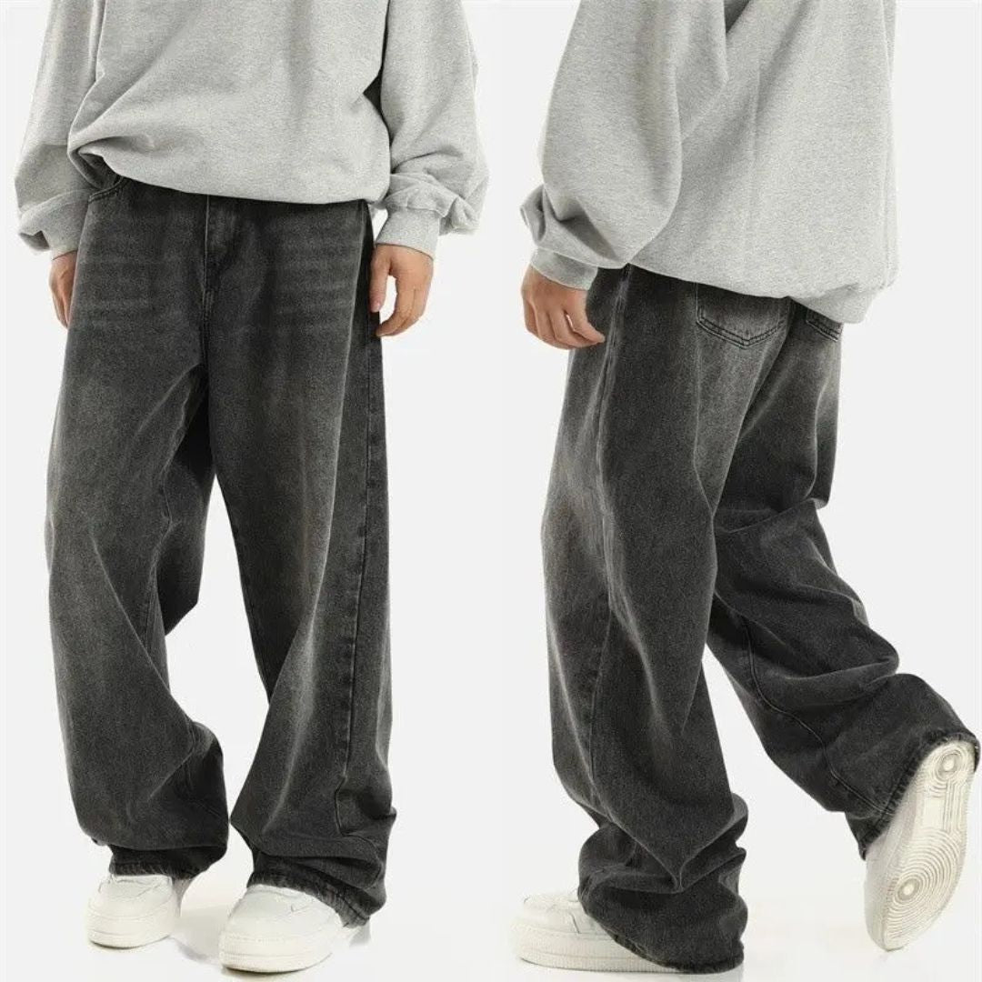 Men's Wide Leg Denim Pants - Baggy Fit with Elasticated Waist and Washed Finish