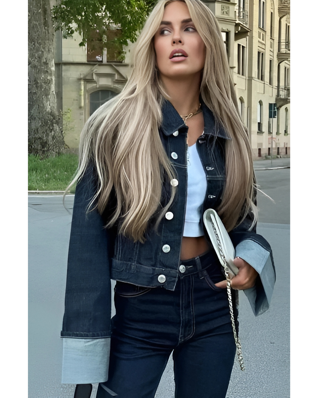 Women's Denim Two Piece Set - Cropped Jacket and Wide Leg Pants with Cuff Detail