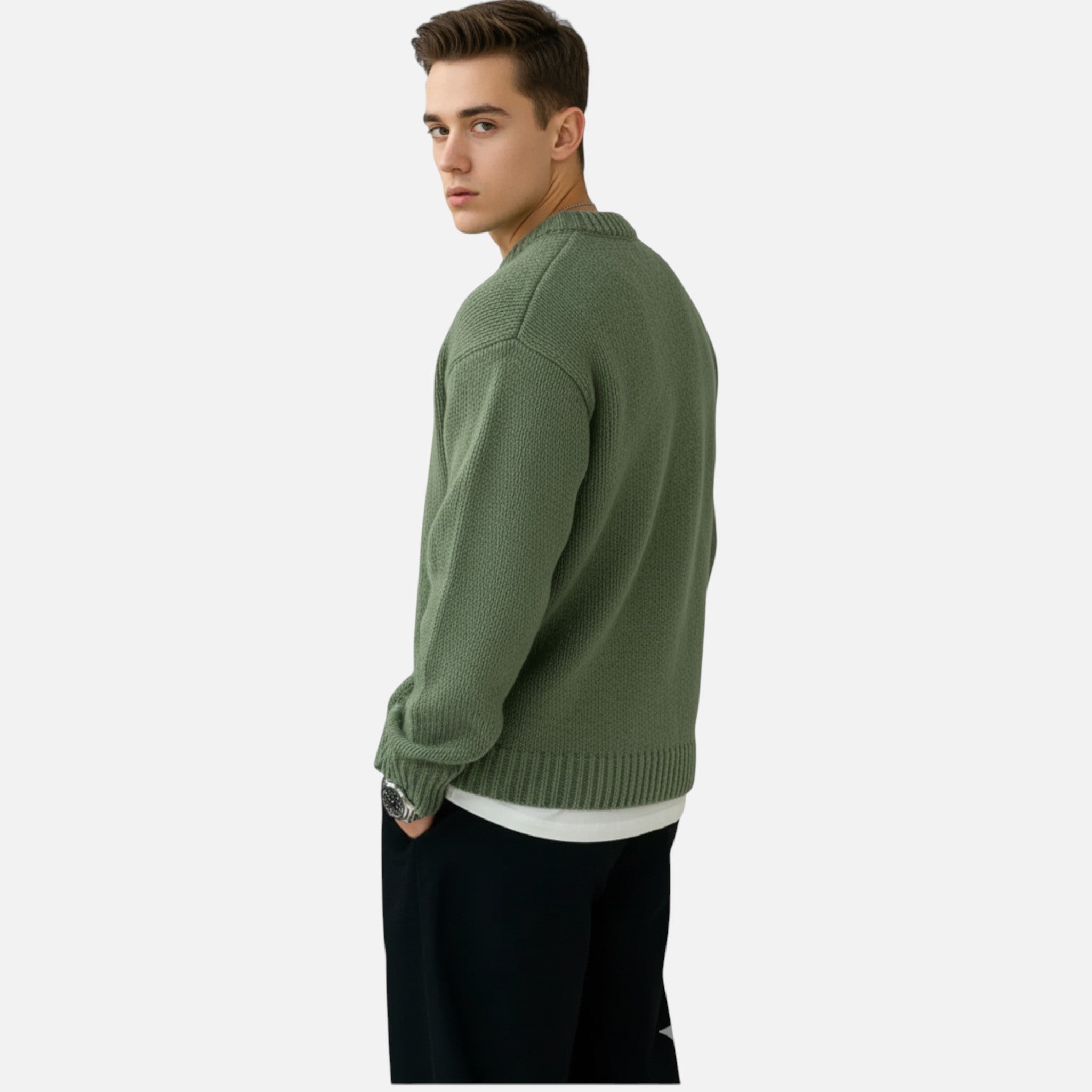 Men's Crew Neck Jumper - Long Sleeve - Ribbed Cuffs and Hem