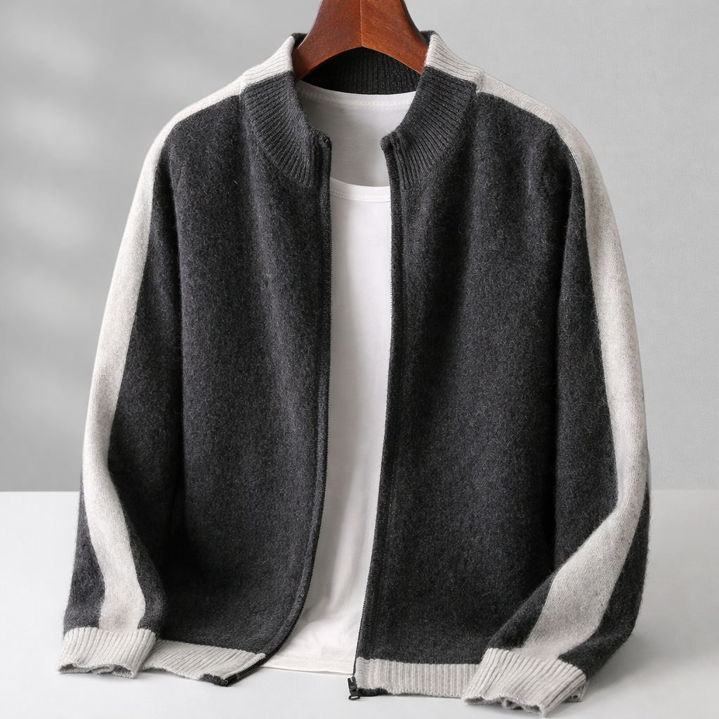 Men's Cardigan - Zip Up Knit Jumper with Colour Block Panels and Ribbed Cuffs