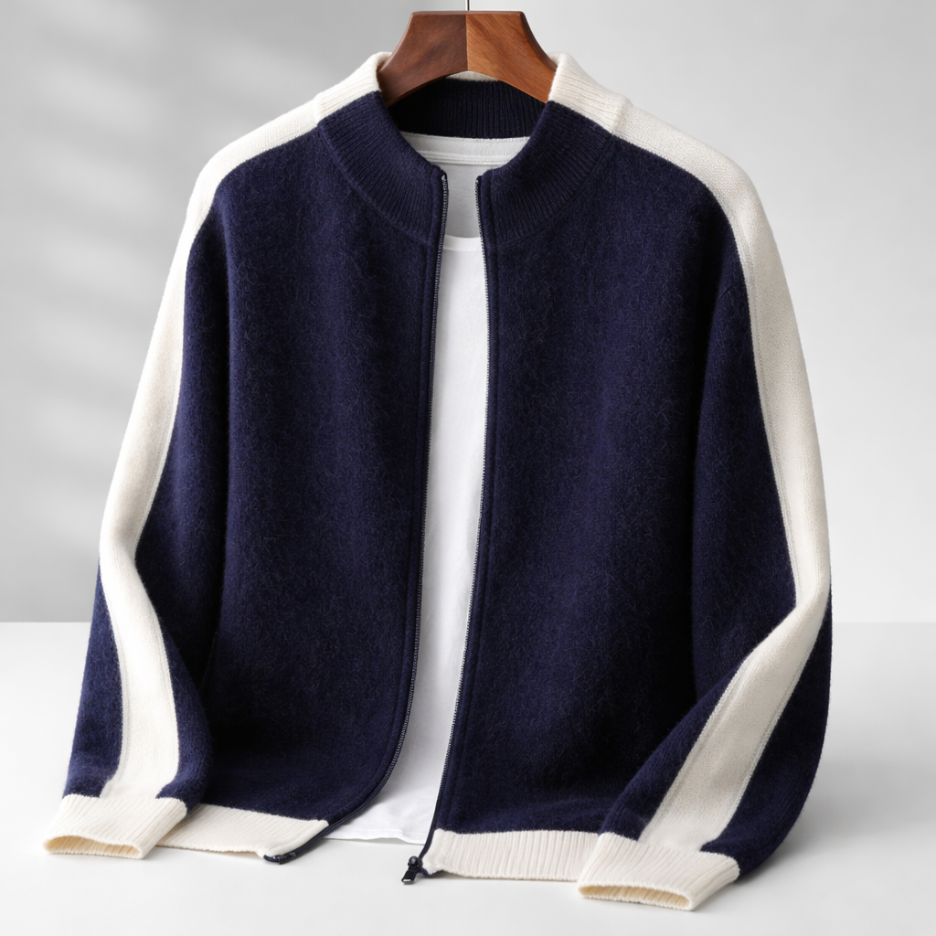 Men's Cardigan - Zip Up Knit Jumper with Colour Block Panels and Ribbed Cuffs
