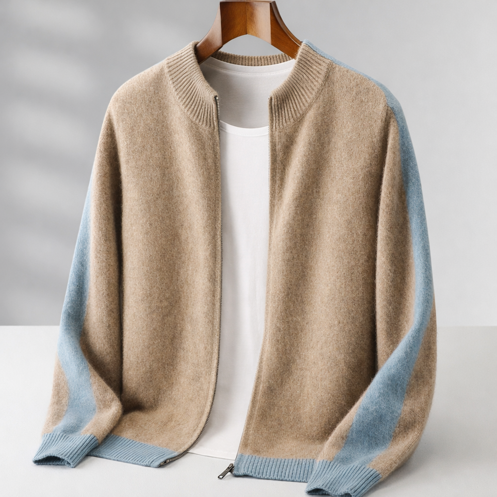 Men's Cardigan - Zip Up Knit Jumper with Colour Block Panels and Ribbed Cuffs
