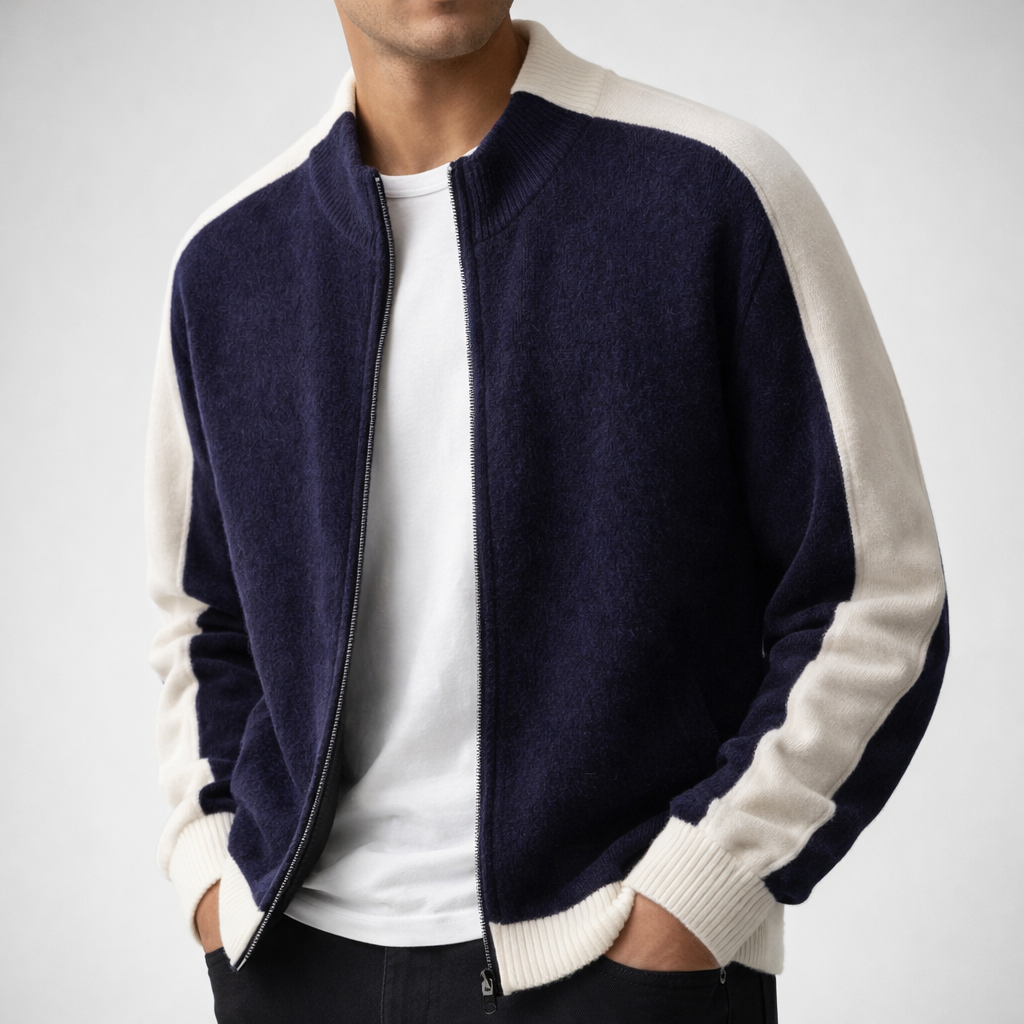 Men's Cardigan - Zip Up Knit Jumper with Colour Block Panels and Ribbed Cuffs