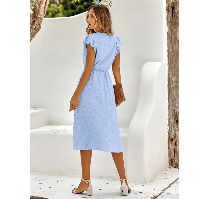 Women's A-Line Midi Dress - V-Neck Flutter Sleeve Button Front