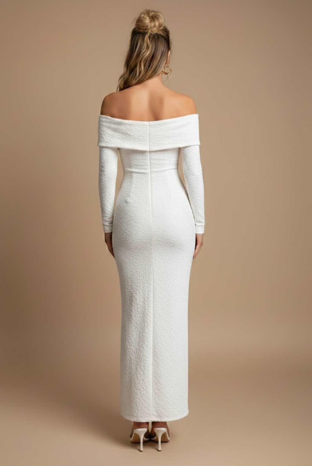 Women’s White Maxi Dress – Off Shoulder Long Sleeve Bodycon Dress with Floral Appliqué