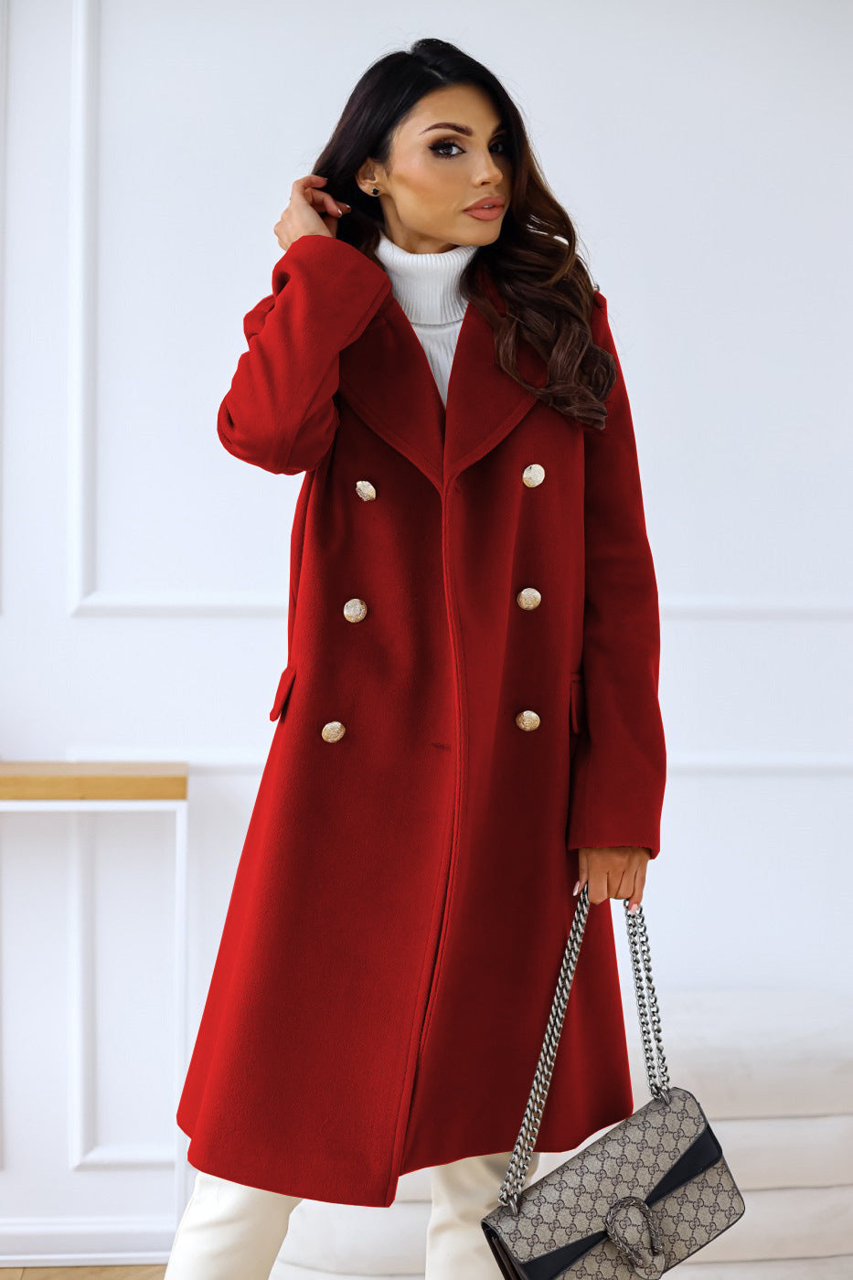 Women's Longline Double Breasted Coat - Notched Lapel - Gold Button - Side Slit