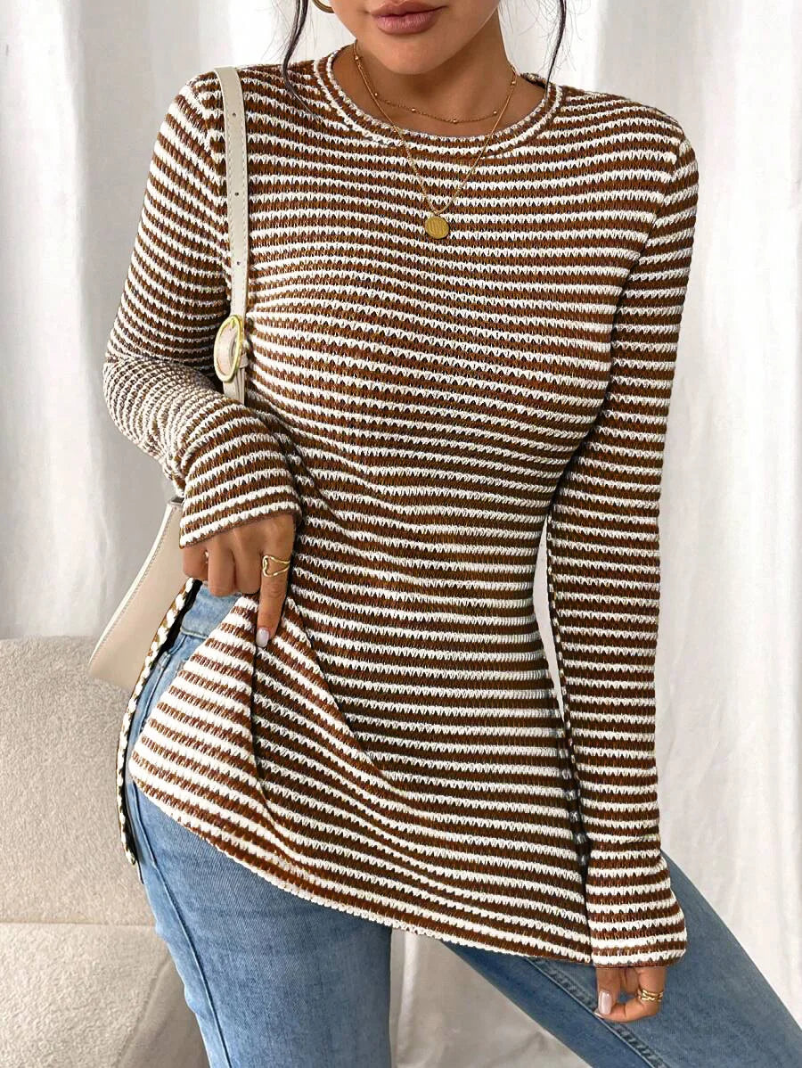 Women's Knit Top - Crew Neck Long Sleeve Stripe with Peplum Hem and Side Splits